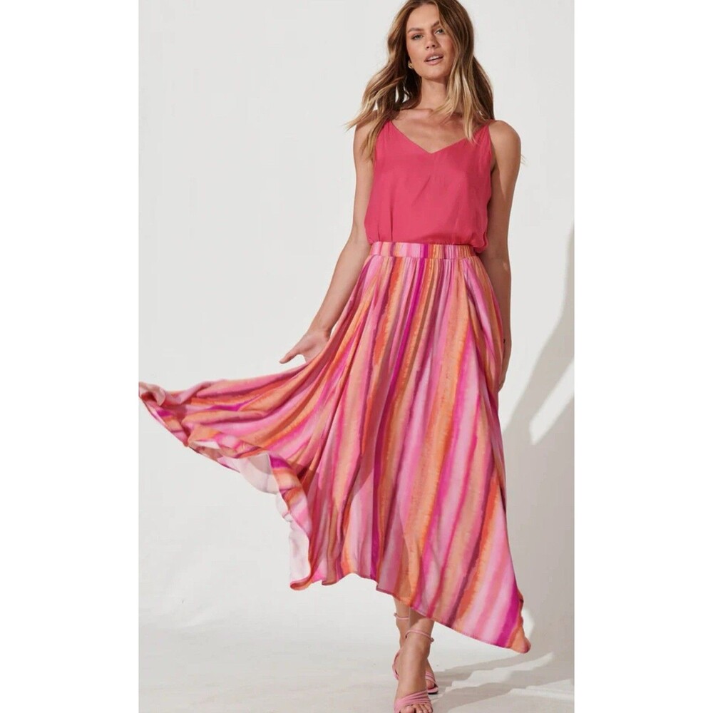 NWT LOVE THE LABEL‎ Women's Bettina Pink Orange Maxi Stripe Ombré Skirt Large